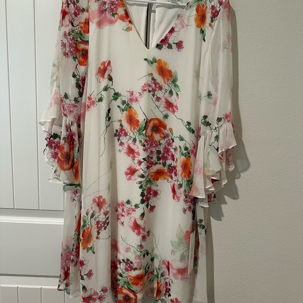 Calvin Klein Floral Long Sleeve Dress - Pink and Orange on Cream